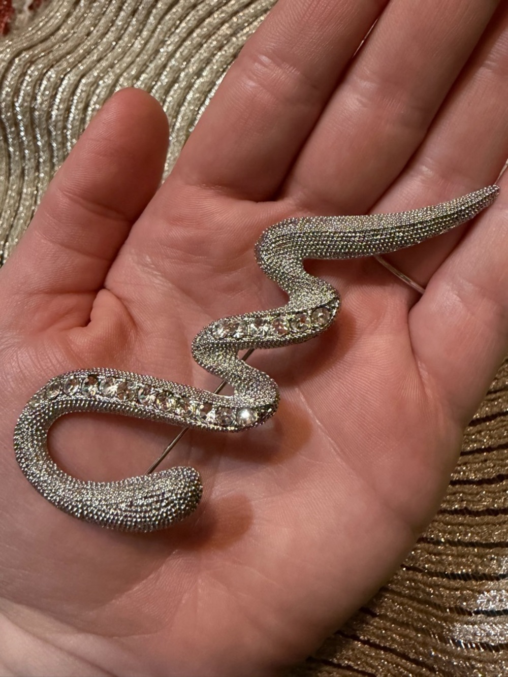 Silver Color Snake Statement Brooch Rhinestone Crystal Textured Serpent Pin